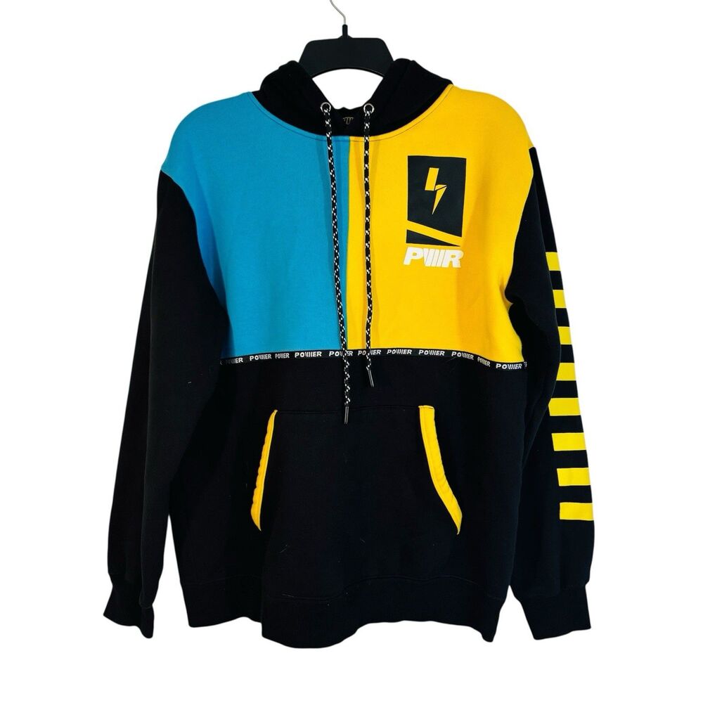Tri-Panel Mens L PWR hoodie by Lachlan Black Blue Yellow Heavy Fleece Sweatshirt